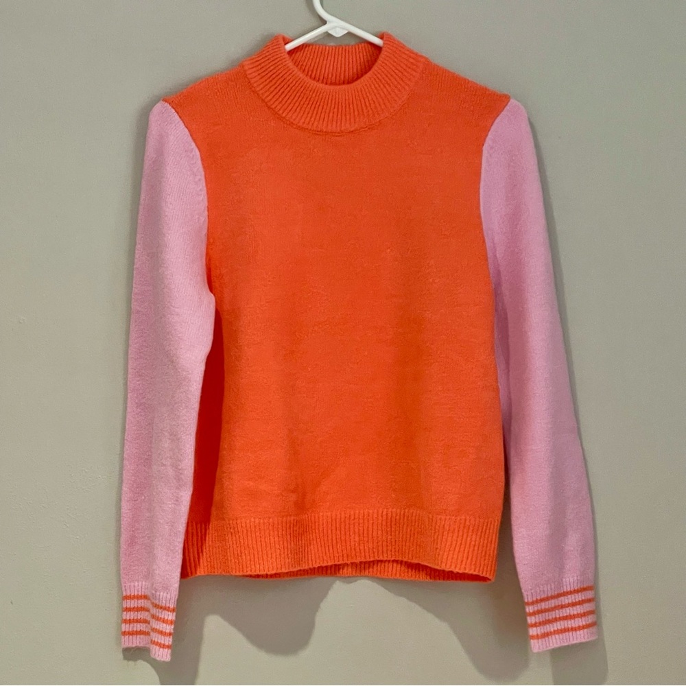 THML Pink Orange Mockneck Colorblock Preppy Sweater - Size Small